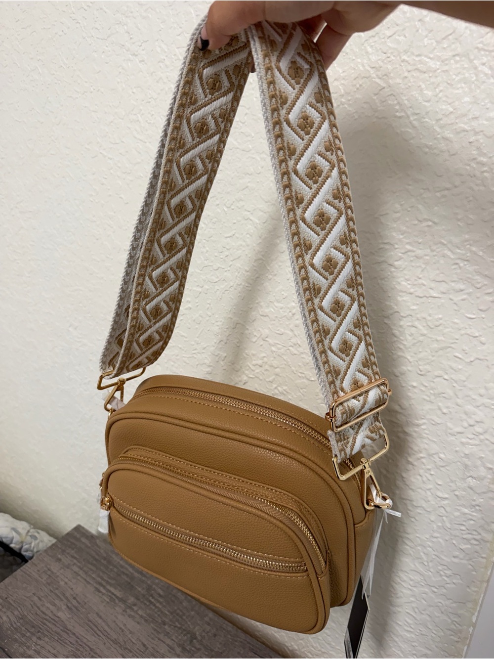 Tan Crossbody Bag with Adjustable Woven Strap